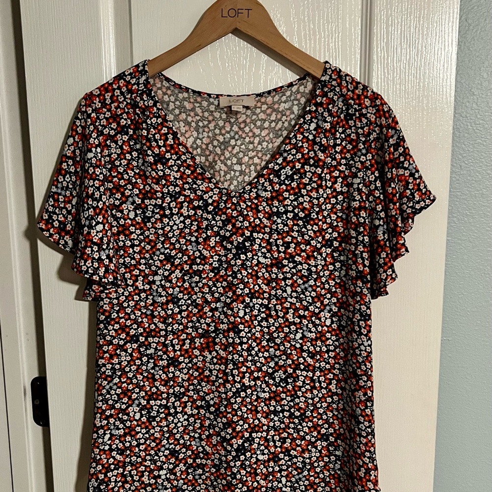LOFT Floral V-Neck Blouse - Black, Red, White